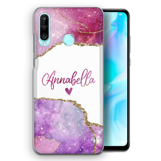 Personalised Honor Phone Hard Case with Heart Accented Text on Rose Pink Marble