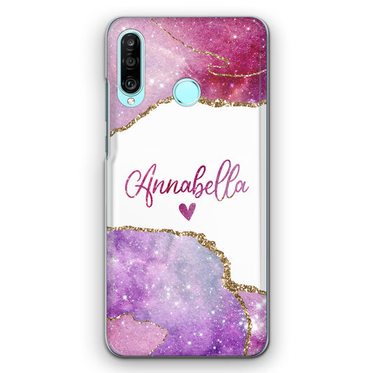 Personalised Oppo Phone Hard Case with Heart Accented Text on Rose Pink Marble