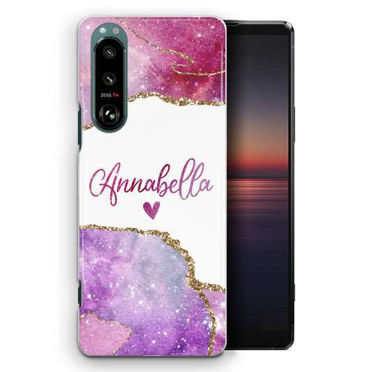 Personalised Sony Phone Hard Case with Heart Accented Text on Rose Pink Marble