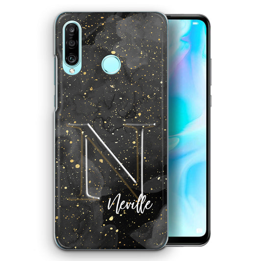Personalised Huawei Phone Hard Case with Monogram and Name on Grey Speckle Marble