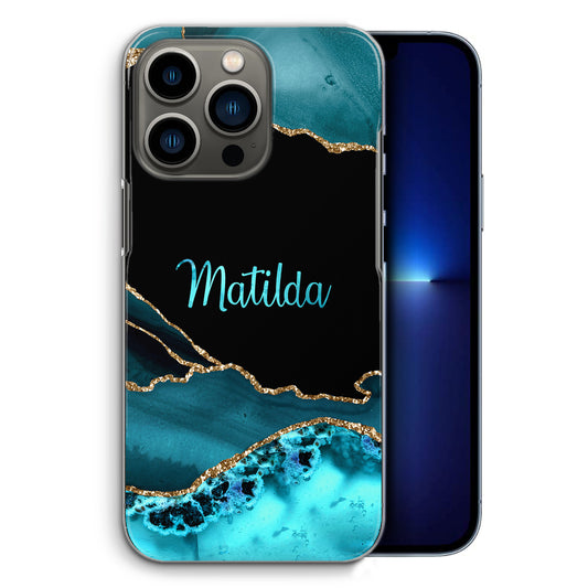 Personalised Apple iPhone Hard Case with Stylish Name on Turquoise Swirl Marble