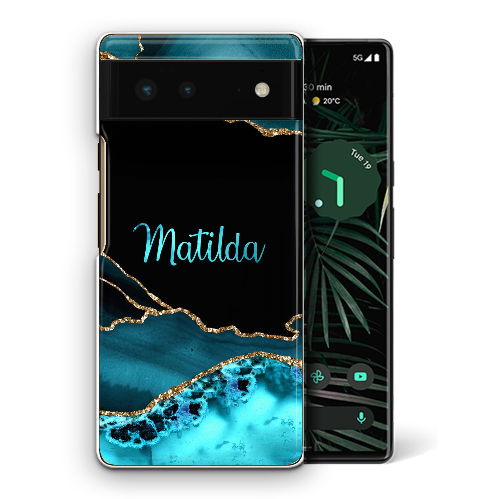 Personalised Google Phone Hard Case with Stylish Name on Turquoise Swirl Marble
