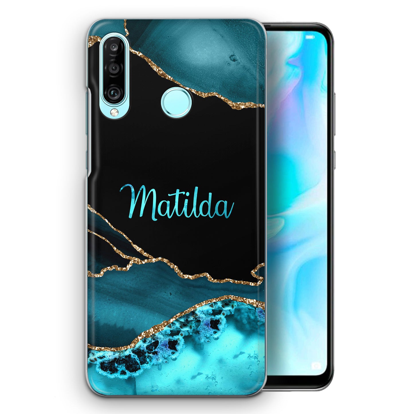 Personalised Honor Phone Hard Case with Stylish Name on Turquoise Swirl Marble