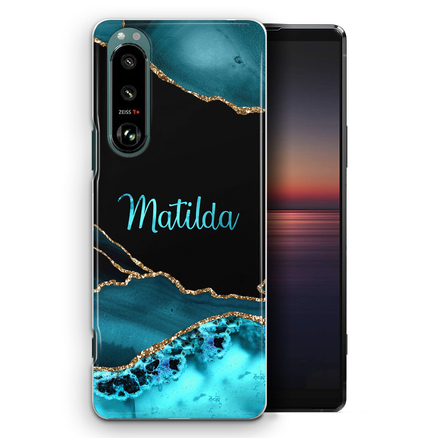 Personalised Sony Phone Hard Case with Stylish Name on Turquoise Swirl Marble