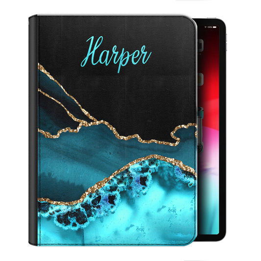 Personalised Leather iPad Case with Black and Aqua Marble with Name