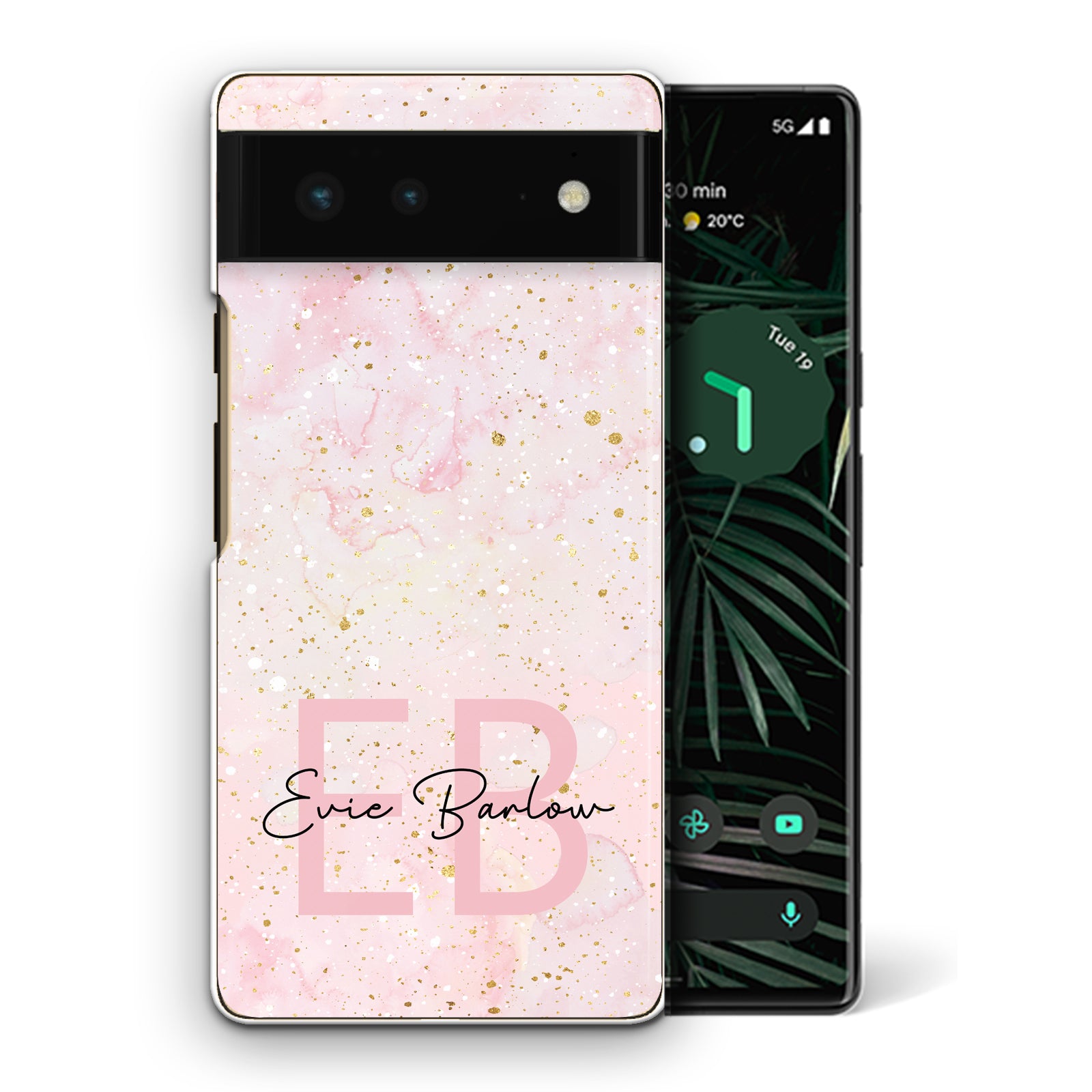 Personalised Google Phone Hard Case with Soft Monogram and Name on Baby Pink Marble