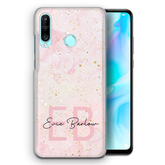 Personalised Honor Phone Hard Case with Soft Monogram and Name on Baby Pink Marble