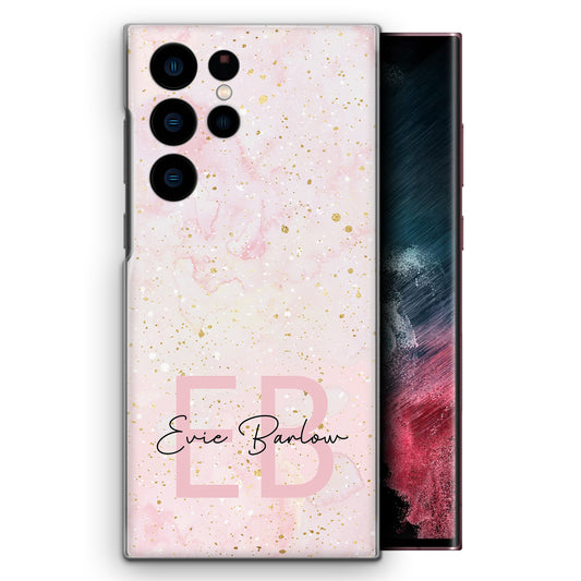 Personalised Samsung Phone Hard Case with Soft Monogram and Name on Baby Pink Marble