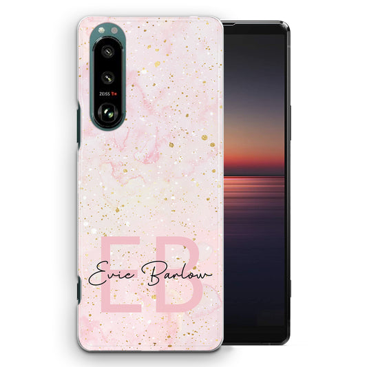 Personalised Sony Phone Hard Case with Soft Monogram and Name on Baby Pink Marble