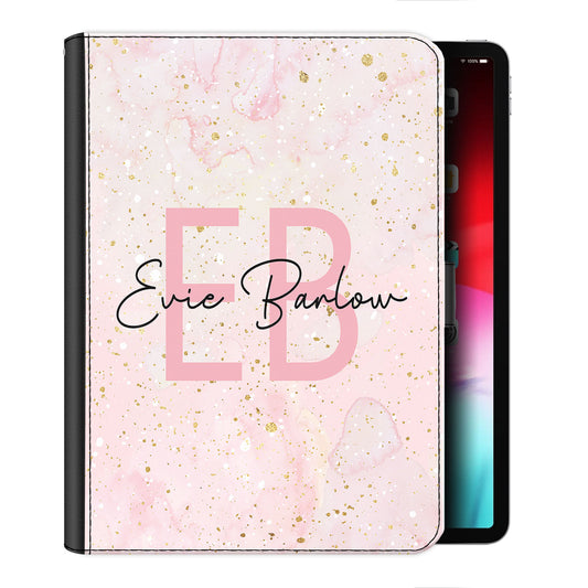 Personalised Leather iPad Case with Baby Pink Speckled Marble with Text