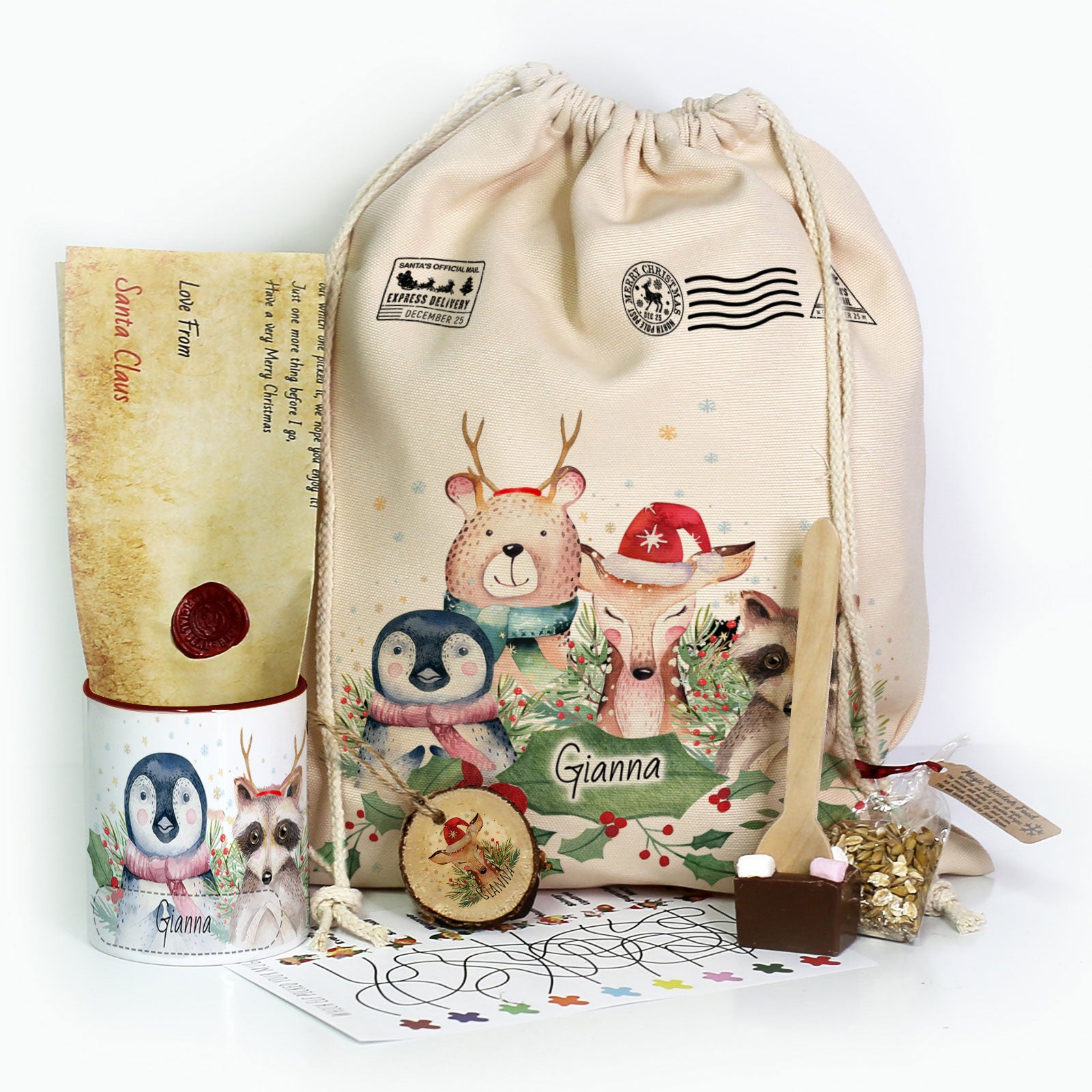 Personalised Christmas Gift Sack with Christmas Animals Design