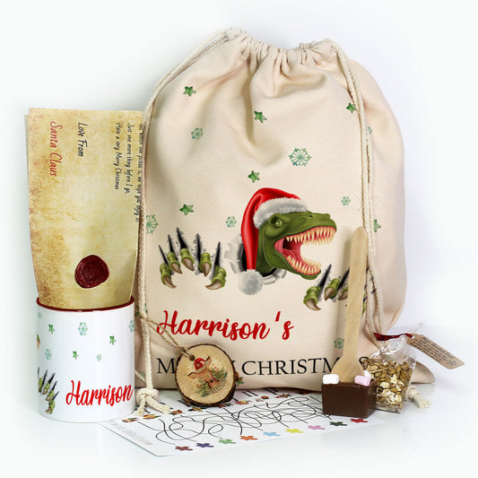 Personalised Christmas Gift Sackwith Dinosaurs Christmas Design