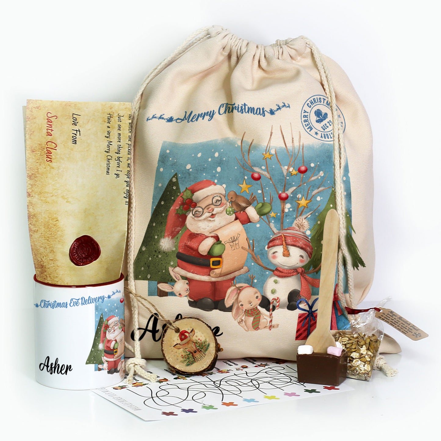 Personalised Christmas Gift Sackwith Santa and the Snowmen Design