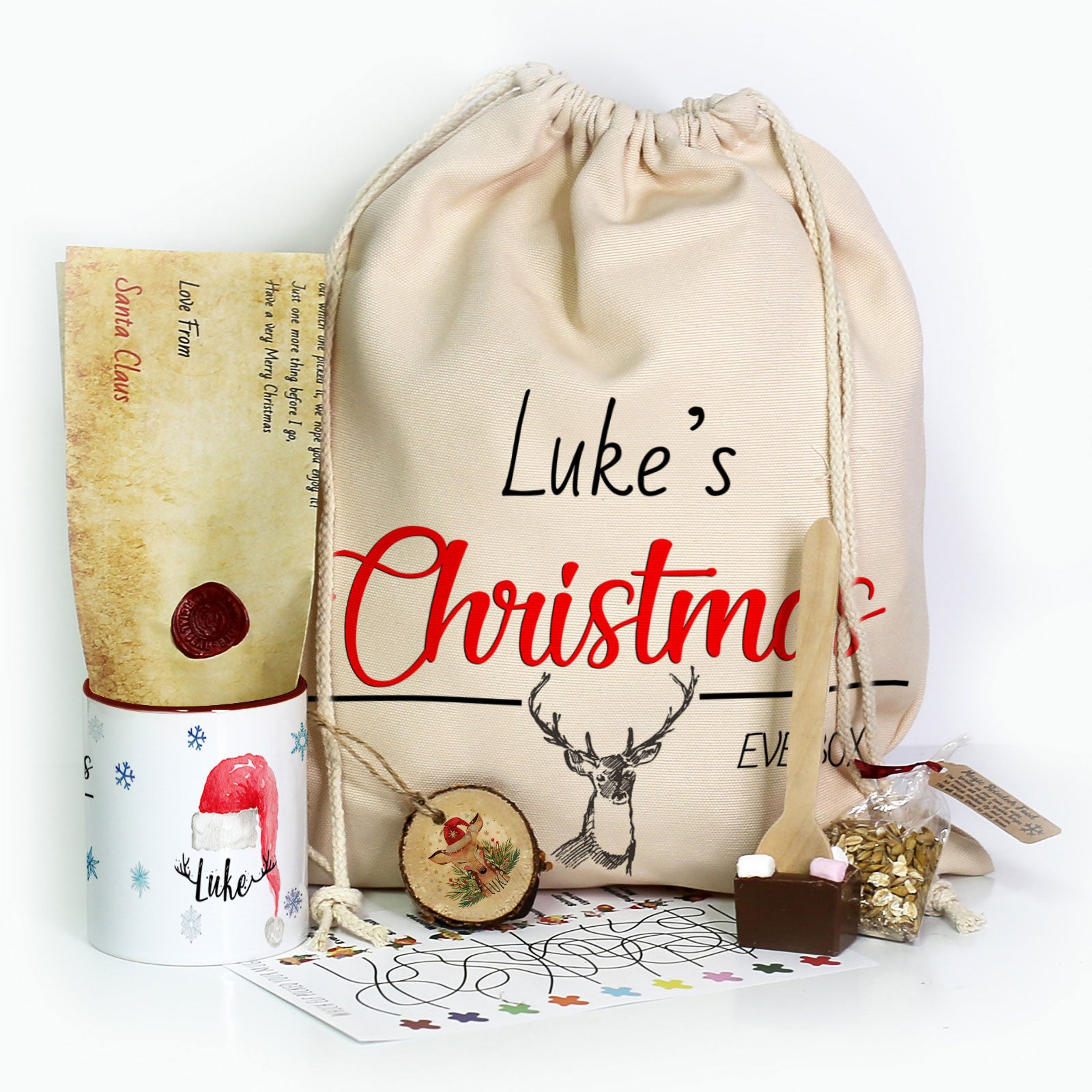Personalised Christmas Gift Sackwith Red Reindeer Christmas Eve Design