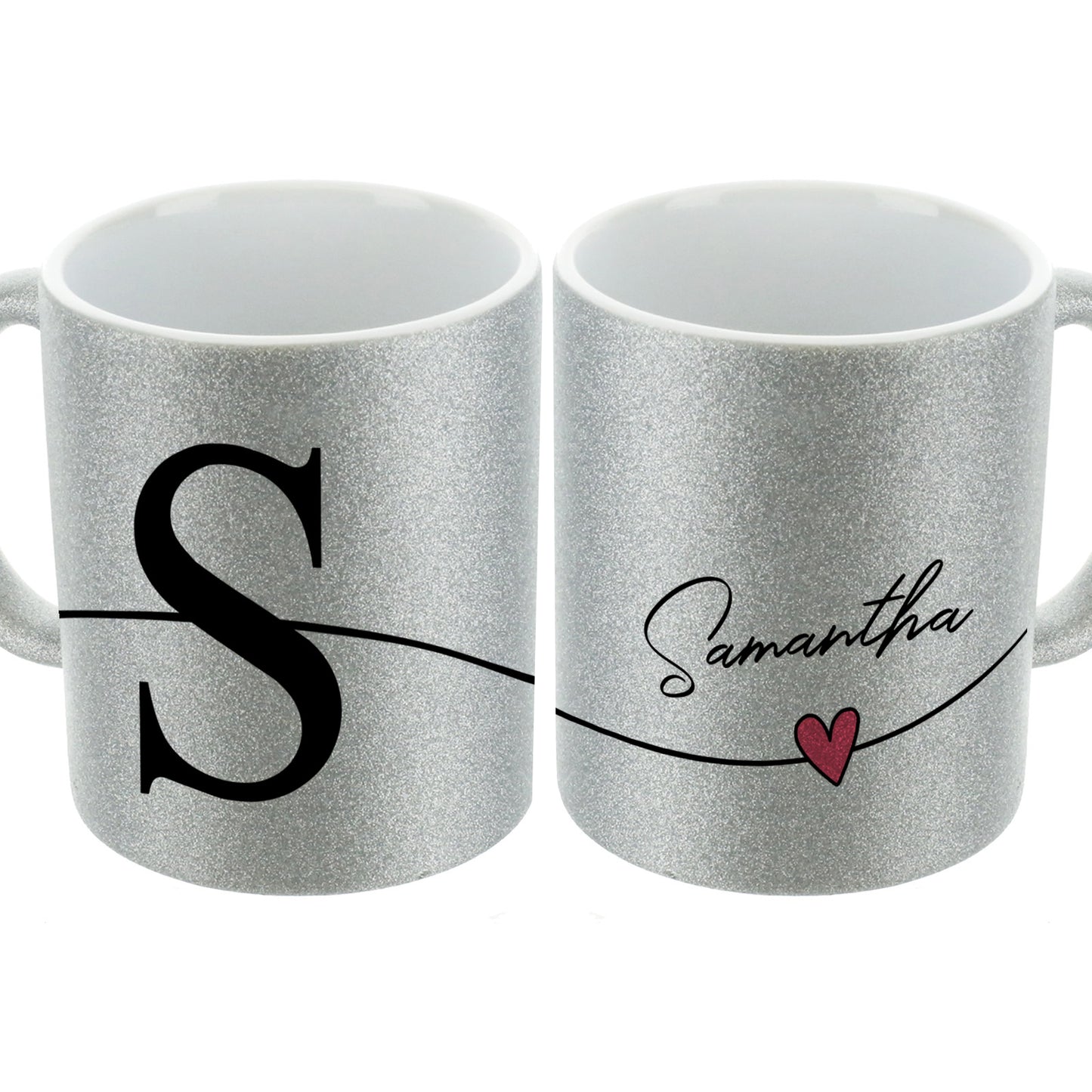 Personalised Glitter Mug with Block Initial and Stylish Text on Heart Line