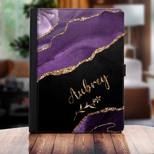 Personalised Motorola Universal Leather Tablet Case With Purple Strip Marble