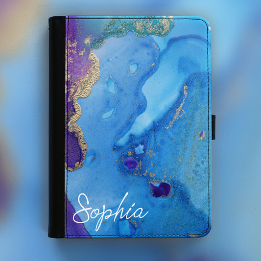 Personalisierte Motorola Universal-Tablet-Hülle aus Leder mit blauem und lila Wirbelmarmor