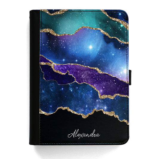 Personalised Motorola Universal Leather Tablet Case With Blue and Purple Stripe Marble