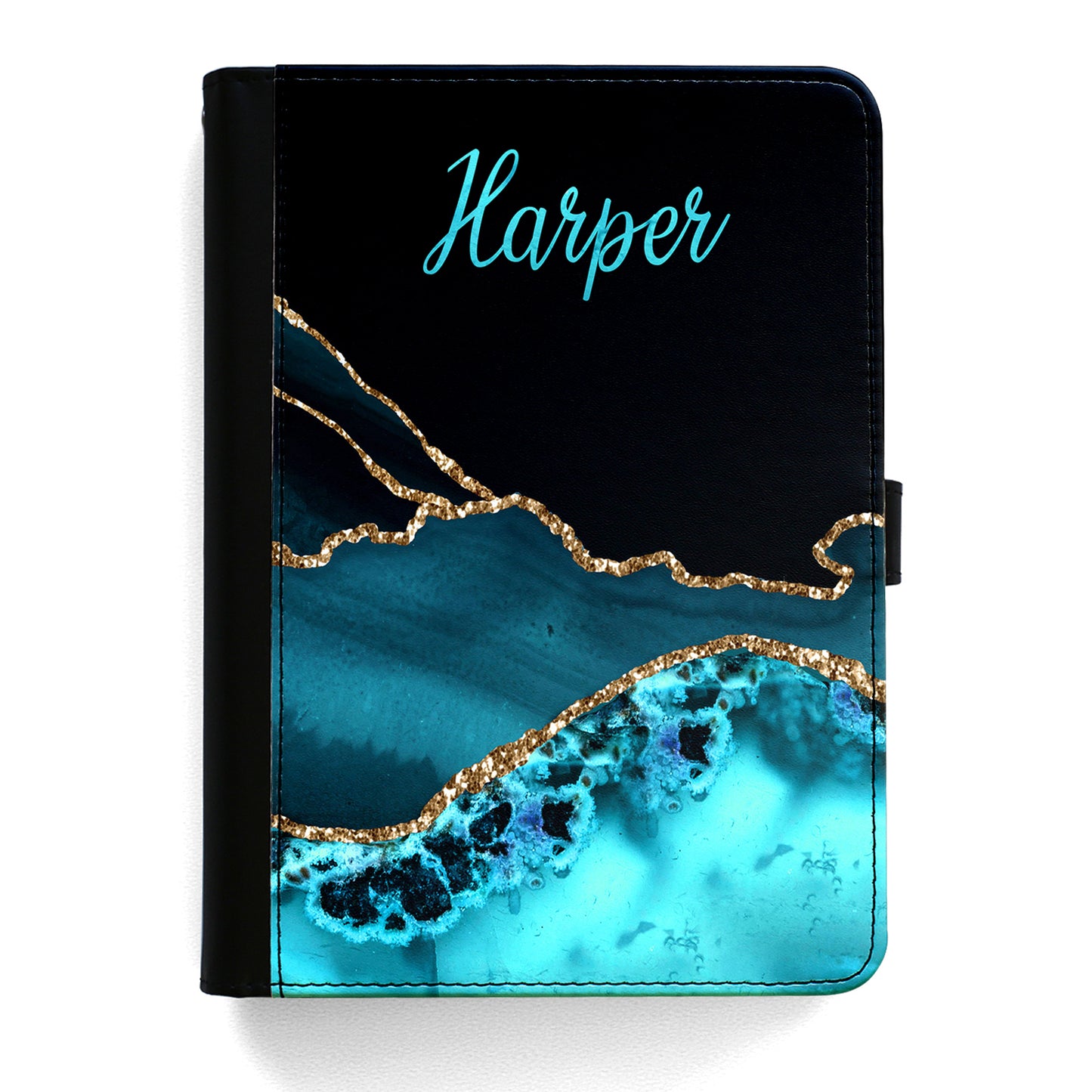 Personalisierte Universal-Tablet-Hülle aus Leder in Pflaume mit aquablauem Marmor