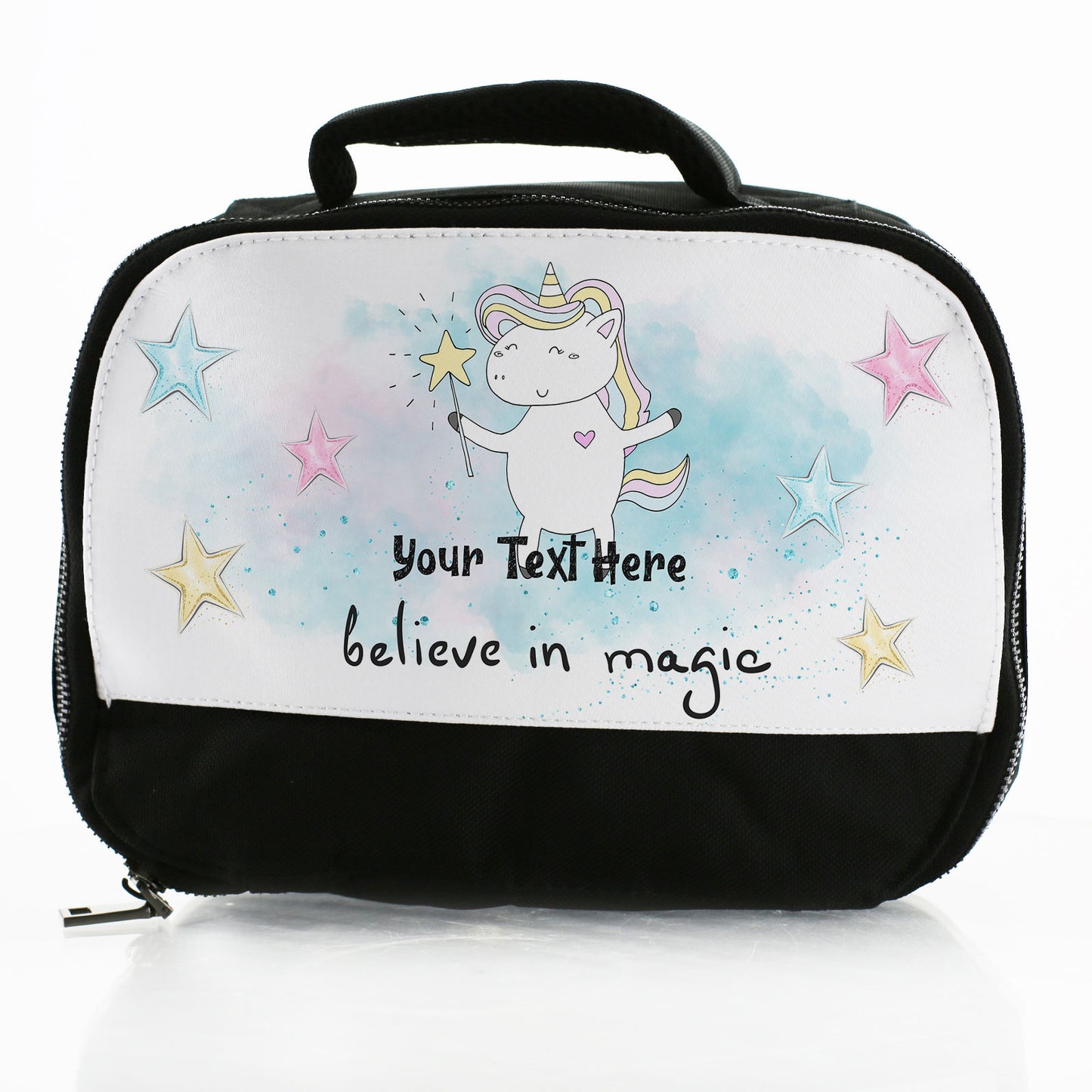 Personalisierte Lunchtasche mit „Believe in Unicorns“ und Namen