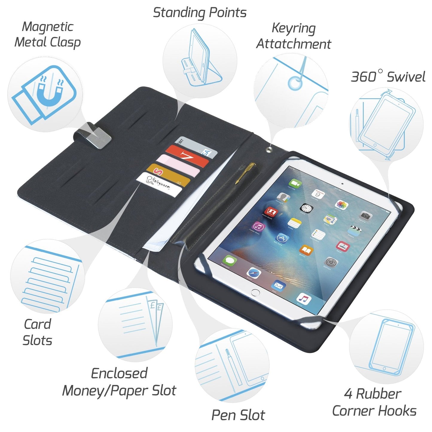 Personalisierte Alba Universal-Tablet-Hülle aus Leder mit blauem Marmorstreifen