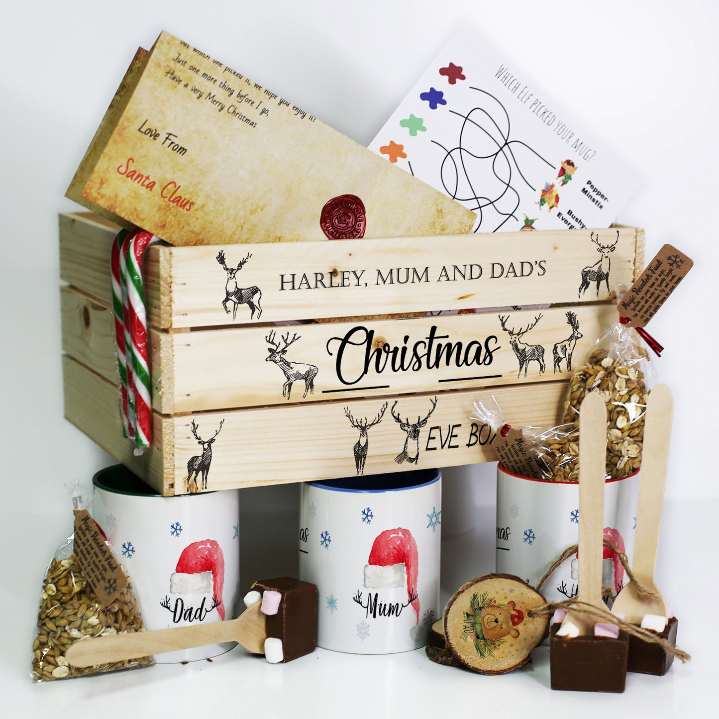 Personalised Christmas Eve Crate – Grey Reindeer Hamper Box