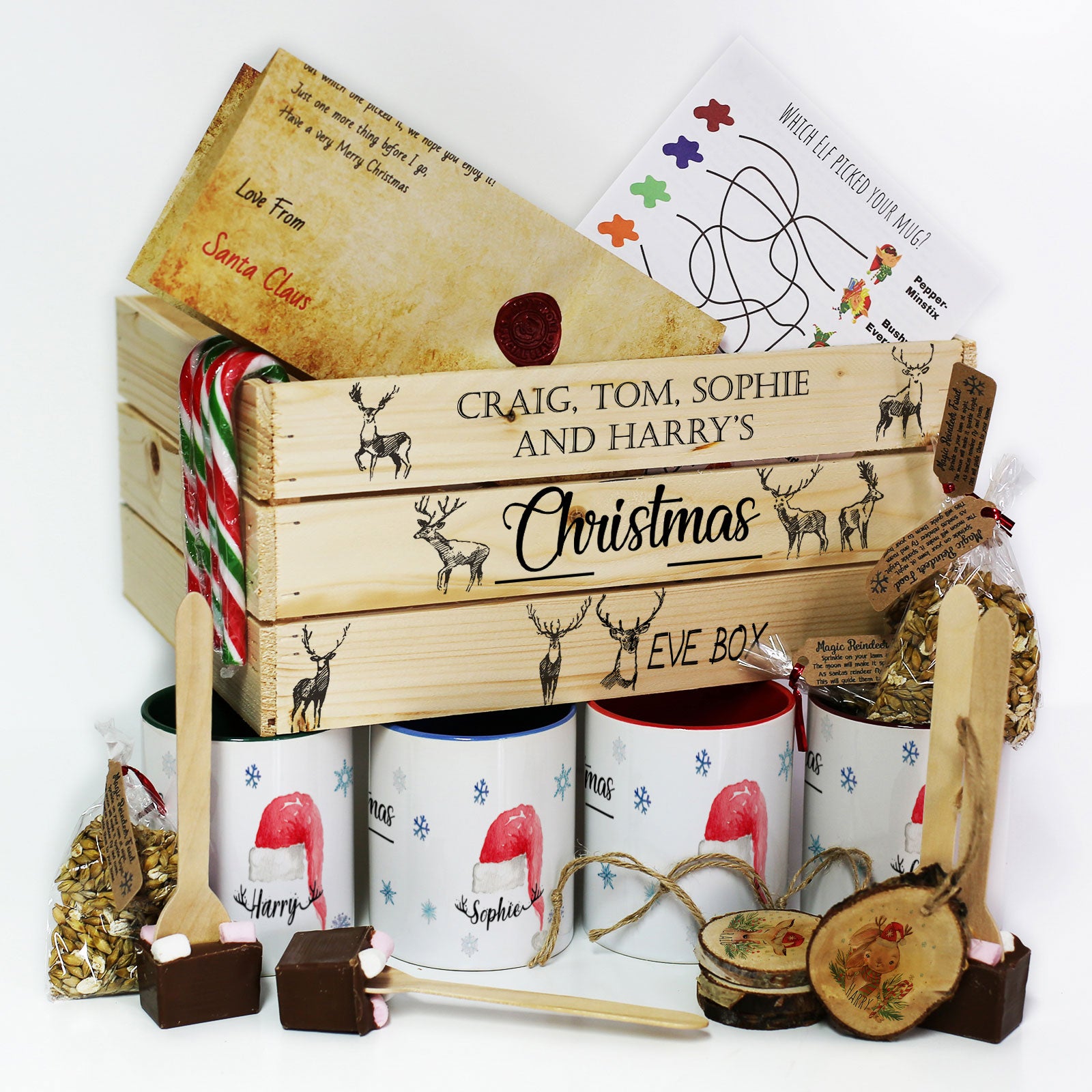 Personalised Christmas Eve Crate with Grey Reindeer Hamper Box Design