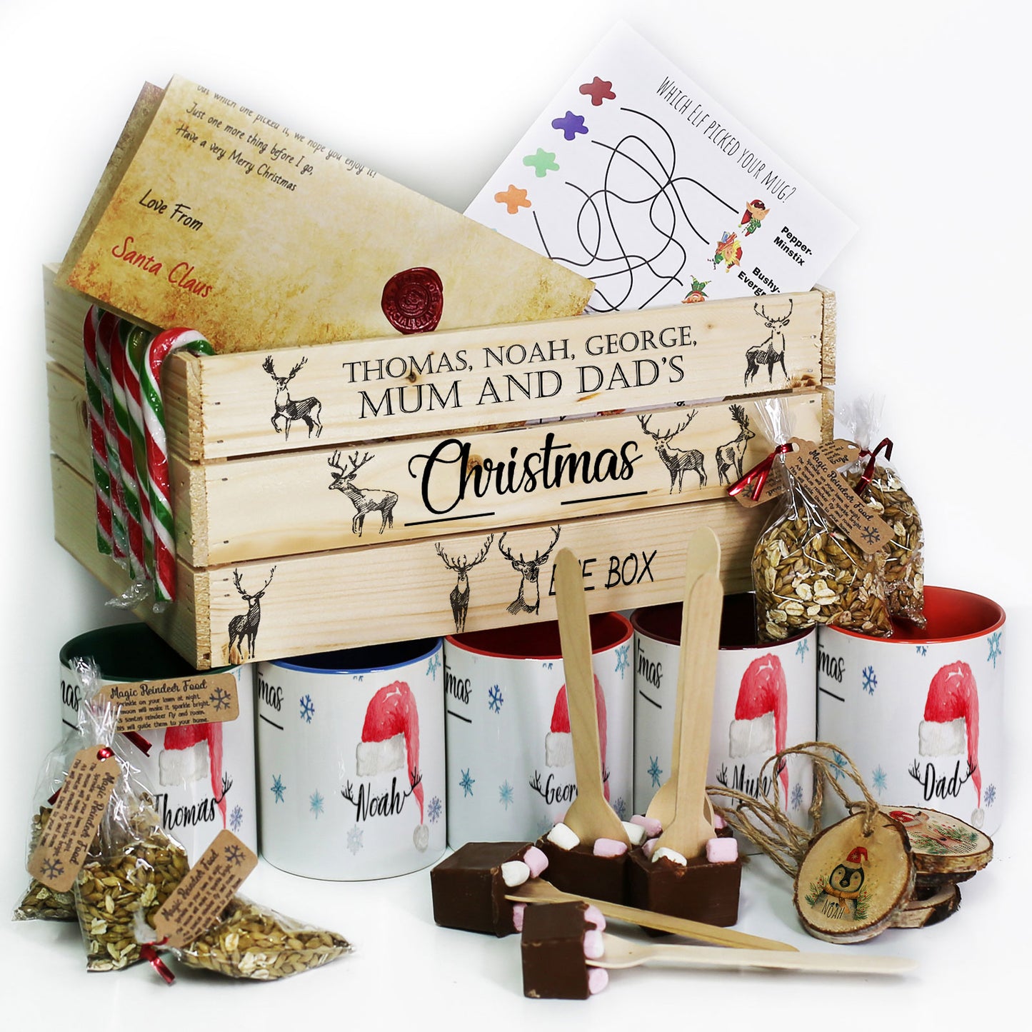 Personalised Christmas Eve Crate – Grey Reindeer Hamper Box