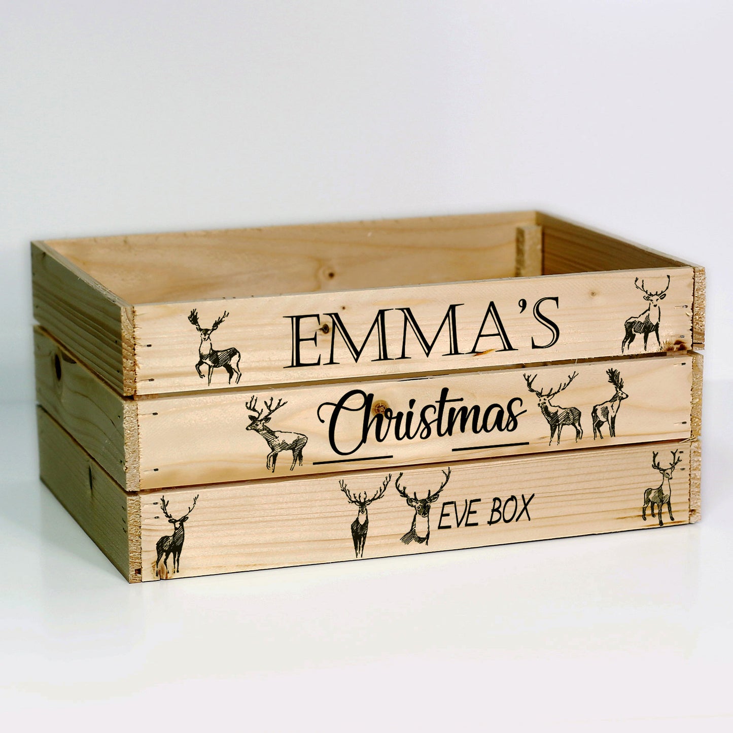 Personalised Christmas Eve Crate – Grey Reindeer Hamper Box