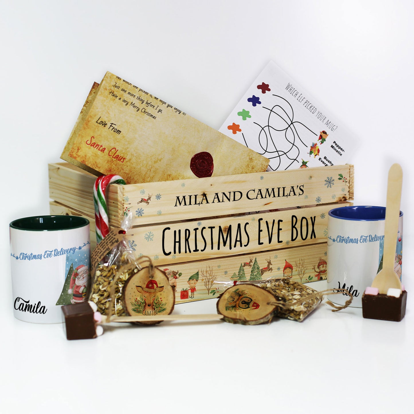 Personalised Christmas Eve Crate with Santas Elves Hamper Box Design