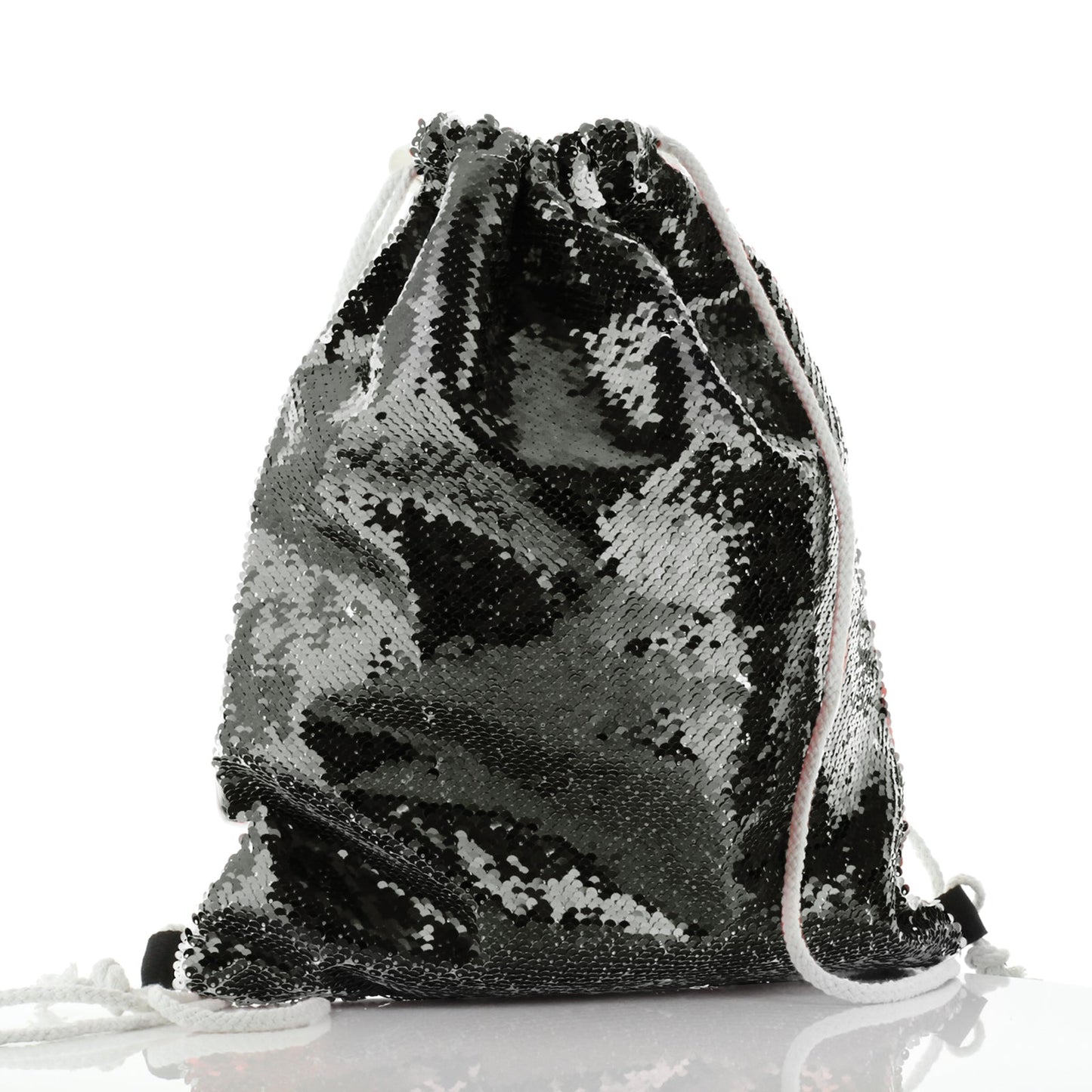 Personalised Sequin Drawstring Backpack with Grey Elephant Feather Hat and Cute Text