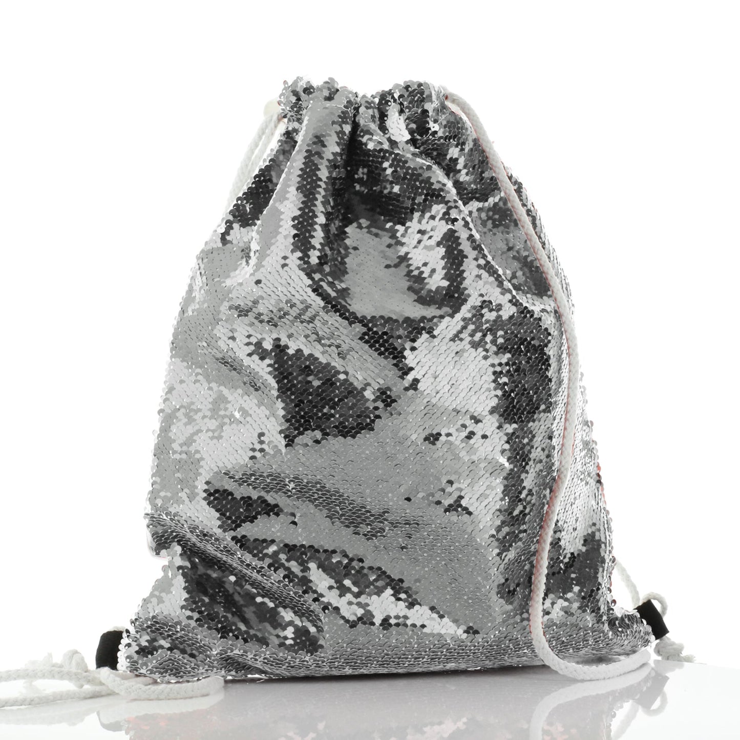 Personalised Sequin Drawstring Backpack with White Polar Bear Blue Butterflies and Cute Text