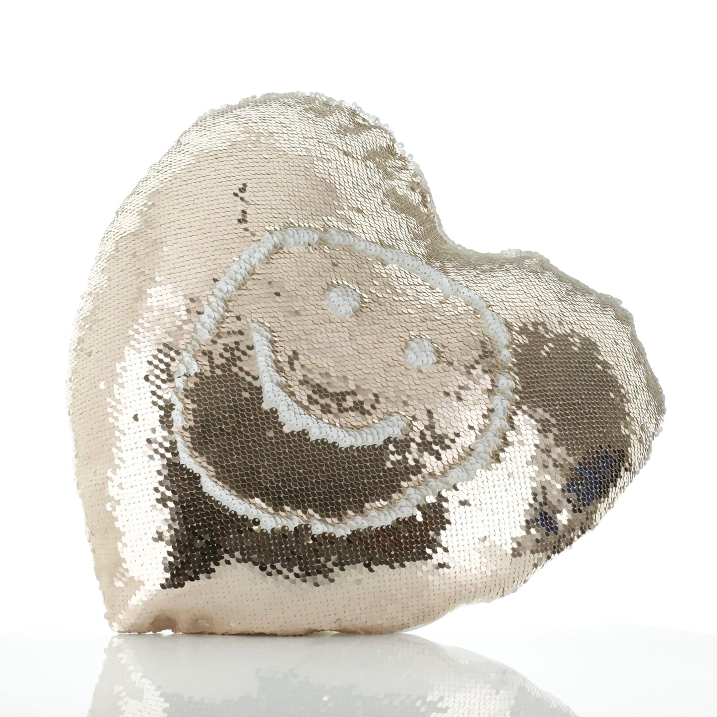 Personalisiertes Pailletten-Herzkissen mit grauen Esel-Blumen in Rosa und Weiß und süßem Text